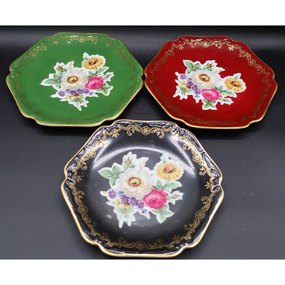 Mitterteich Lot of 3 Flowers Hexagon 7 3/4"  Plate Bavaria Germany Vintage